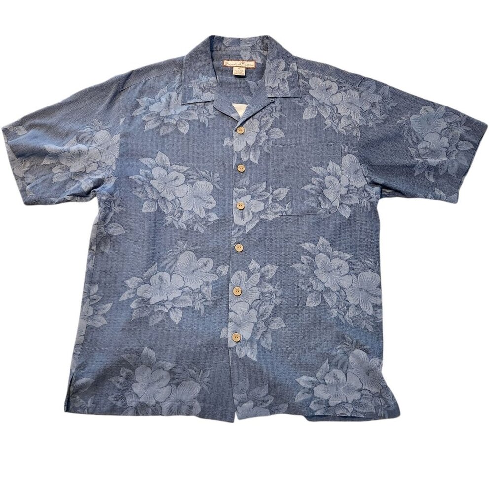Paradise Blue Hawaiian Shirt 100% Silk Floral Beach Blue Button Up Mens Medium‎